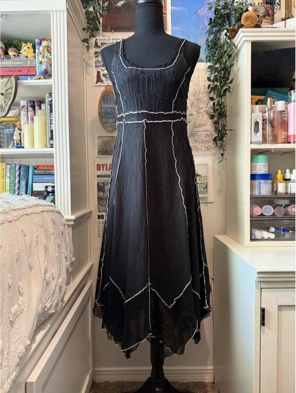 Komarov Designer Black Crinkle Asymmetrical Handkerchief Dress